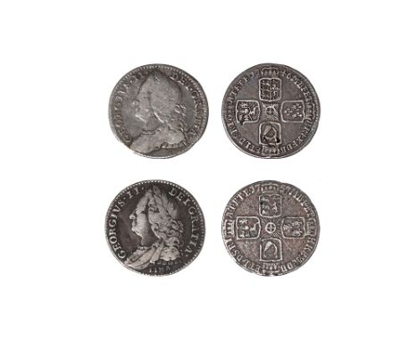 Dated 1746 and 1757 AD. Obvs: profile bust (first with LIMA below) with GEORGIVS II DEI GRATIA legend. Revs: cruciform arms w