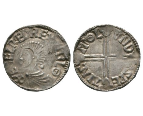 997 - 1003 AD Obv: profile bust with +ÆÐELRED REX ANGLO legend. Rev: voided long cross with +SPE TINC M'OL VND legend for the