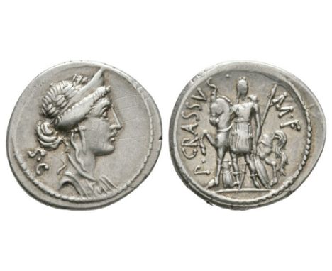 55-54 BC. Obv: SC behind the laureate, draped and diademed bust of Venus right. Rev: P. CRASSVS M.F. legend around female fig