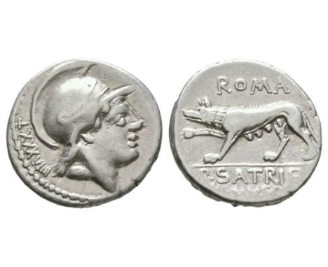 77 BC. Obv: helmeted head of Mars right, numeral behind head. Rev: ROMA legend above, she-wolf walking left; P SATRIE-NVS leg