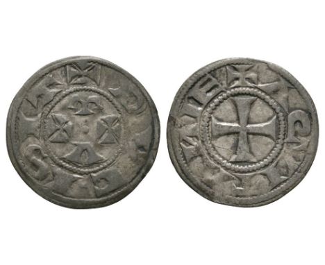 1189-1204 AD. Obv: two small crosses with omega above and alpha below with +DVCISIT legend. Rev: cross with +AQVITANIE legend