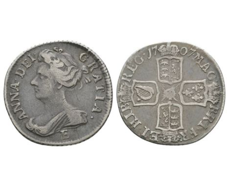 Dated 1707 AD. After Union, Edinburgh mint. Obv: profile bust with E below and ANNA DEI GRATIA legend. Rev: cruciform arms wi