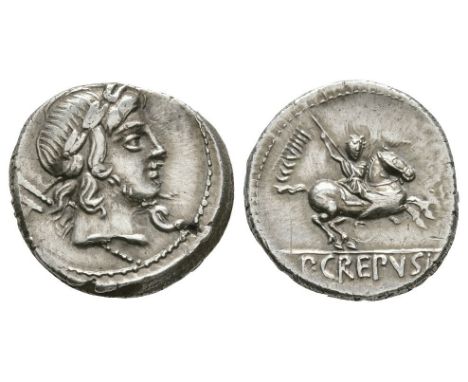 82 BC. Obv: laureate head of Apollo right, control symbols before and behind. Rev: warrior on horseback prancing right, brand