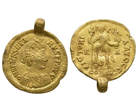 461-465 AD. Uncertain mint, with contemporary loop attached. Obv: D N LIBIVS SEVERVS P F AVG legend with rosette-diademed, dr