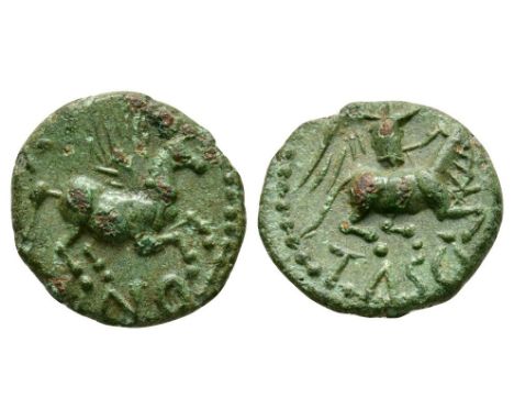 5-40 AD. Obv: Pegasus right with CV above and NO below. Rev: Victory sacrificing bull right with TASCI below; with old dealer