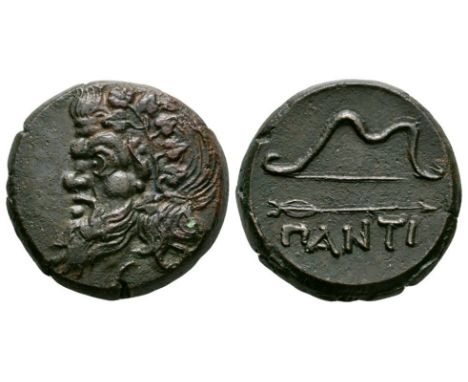 Circa 340-325 BC. Obv: head of Pan left, wreathed with ivy. Rev: PANTI legend beneath bow and arrow pointing right. Anokhin 1