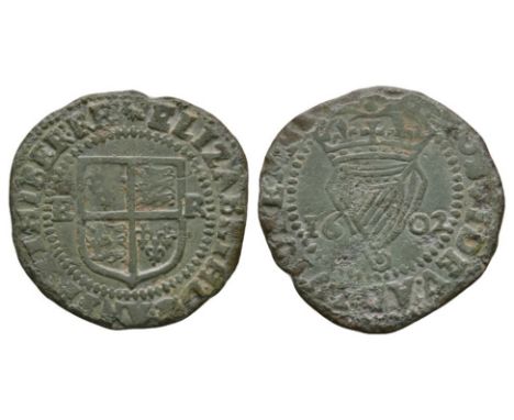 Dated 1602 AD. Third coinage. Obv: arms with E R at sides with ELIZABETH D G AN FR ET HIBER'B RE legend with 'martlet' mintma