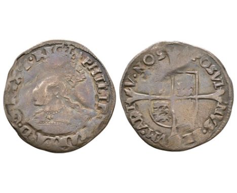 1554-1558 AD. Obv: profile bust with PHILIP ET MARIA D G REX Z REGI legend and 'lis' mintmark. Rev: long cross over arms with