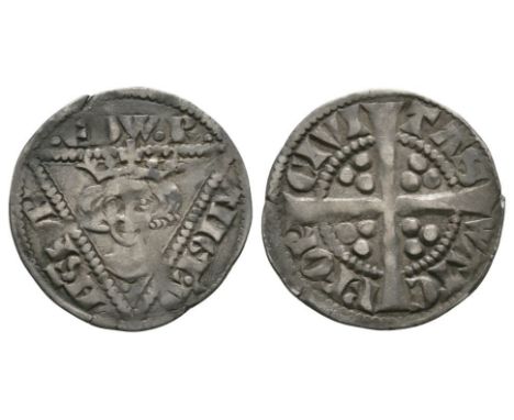 1279-1302 AD. Second coinage, type 1b. Obv: facing bust with trefoil of pellets below within triangle with .EDW.R ANGL.D NSHY