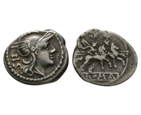 211-208 BC. Obv: helmetted head of Roma right, SII behind head. Rev: the Dioscouri riding right with ROMA in tablet below. Cr