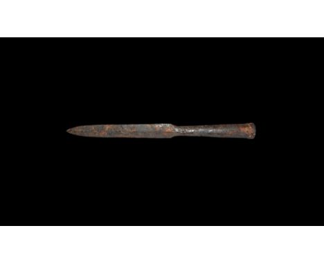 1st century BC-1st century AD. A substantial iron spearhead with facetted socket and collar to the mouth, short neck, lentoid