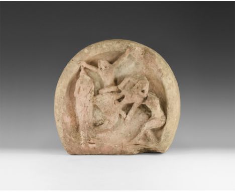 5th century AD. A D-shaped ceramic panel depicting a sacrifice ritual; standing male to the left in long robe; female above w