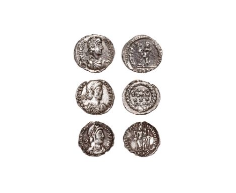 388-395 AD, 353-355 AD and 383-388 AD. Theodosius I, Trier mint: reverse of Roma seated left on cuirass, holding Victory on g