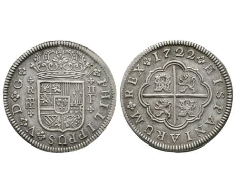 Dated 1722 AD. Segovia mint. Obv: crowned arms with R over castle left and II over F right with PHILIPPUS V D G legend. Rev: 