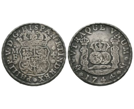 Dated 1744 AD. Mexico mint. Obv: crowned arms with M over F left and 4 right with PHILIP V D G HISPAN ET IND REX legend. Rev: