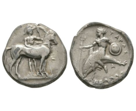 344-334 BC. Obv: naked warrior, holding spear and large shield, standing right behind his horse; sideways T in right field. R