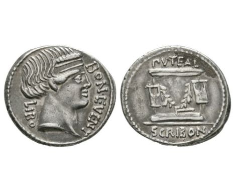 62 BC. Obv: BON EVENT LIBO legend to right and left of the head of Bonus Eventus right, with broad diadem. Rev: PVTEAL SCRIBO