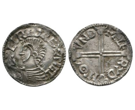 997-1003 AD. Obv: profile bust with +ÆÐELRED REX ANGL legend. Rev: voided long cross with +ÆLF RYD M'OL VND legend for the mo