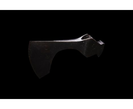 10th-12th century AD. An iron axehead with narrow hooked blade, curved edge, lozenge wings to the socket, hammer-head to the 