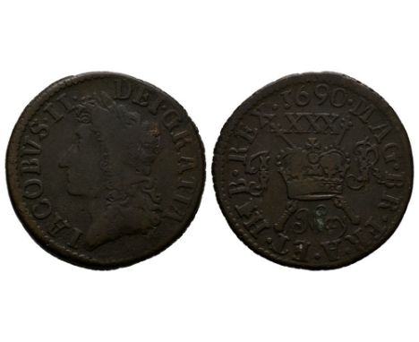 Dated May 1690 AD. Obv: profile bust with IACOBVS II DEI GRATIA legend. Rev: crown over crossed sceptres with I right and R l