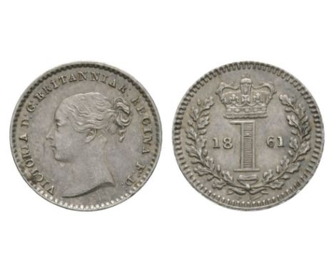 Dated 1861 AD. Young head. Obv: profile bust with VICTORIA D G BRITANNIAR REGINA F D legend. Rev: crown over large 1 dividing