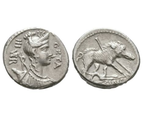 64 BC. Obv: GETA - III VIR legend before and behind the diademed and draped bust of Diana right, bow and quiver at shoulder. 