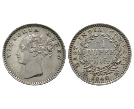 Dated 1840 AD. Madras mint. Obv: profile bust with incuse S on truncation with VICTORIA QUEEN legend. Rev: 1/4 / RUPEE in two