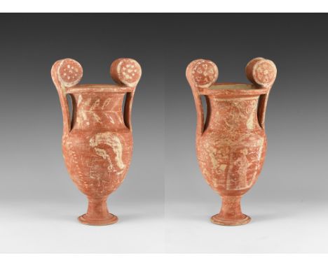 5th-3rd century BC. A ceramic vessel with pierced pedestal foot, bulbous body, waisted neck, flared and chamfered rim, two la