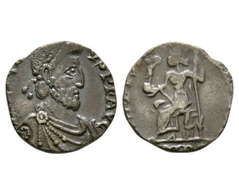 392-395 AD. Trier mint. Obv: DN EVGENIVS PF AVG legend with pearl diademed, draped and cuirassed bust right. Rev: VIRTVS RO-M