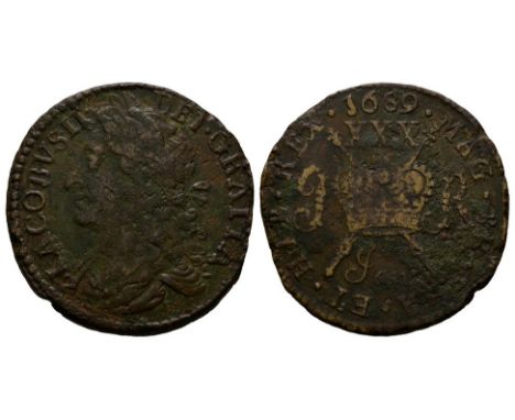 Dated January 1689 AD. Obv: profile bust with IACOBVS II DEI GRATIA legend. Rev: crown over crossed sceptres with I right and