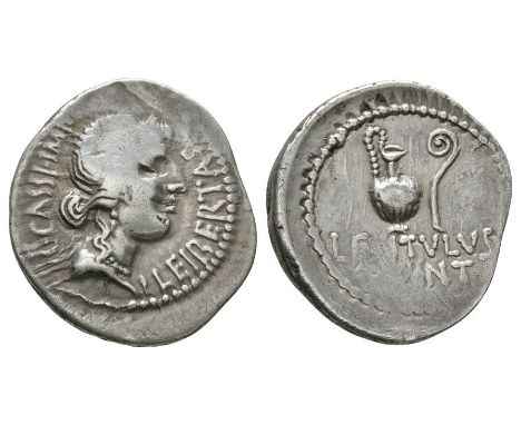 42 BC. Military mint in Smyrna. Obv: C CASSI IMP LEIBERTAS legend with diademed and draped bust of Libertas right. Rev: LENTV