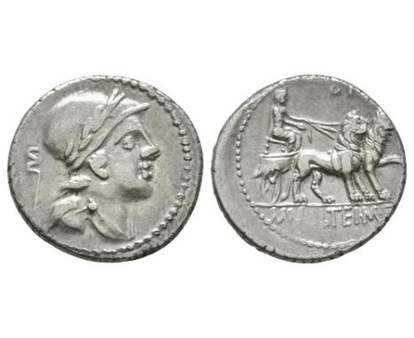 78 BC. Obv: laureate and helmeted bust of Attis right; symbol of a double-hooked staff behind head (Cr. symbol 58"). Rev: Cyb