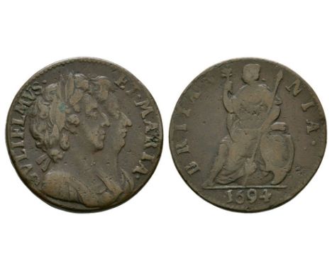Dated 1694 AD. Obv: co-joined profile busts with GVLIELMVS ET MARIA legend. Rev: Britannia with BRITANNIA legend and date in 