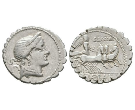 79 BC. Obv: diademed head of Venus right, SC behind head. Rev: Victory in triga right; CLXXXIIII above; C NAE BALB legend in 