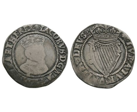 1605-1606 AD. Second coinage. Obv: profile bust with IACOBVS D G MAG BRI FRA ET HIB REX legend and 'rose' mintmark. Rev: crow