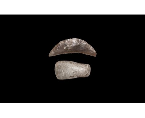 Neolithic, 4th-2nd millennium BC. A mixed stone group comprising: a ground and polished axe-hammer with perforation to receiv