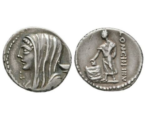 60 BC. Obv: draped and veiled bust of Vesta left; kylix behind, control letter L before head. Rev: togate male standing facin