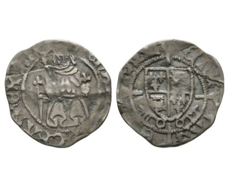 1485-1509 AD. Obv: king enthroned (one pillar) with HENRIC DI GRA REX ANG legend and no mintmark. Rev: long cross over arms w