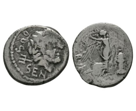 87 BC. Obv: DOSSEN legend behind head of Neptune right, trident behind head. Rev: L RVBRI legend with Victory walking right, 
