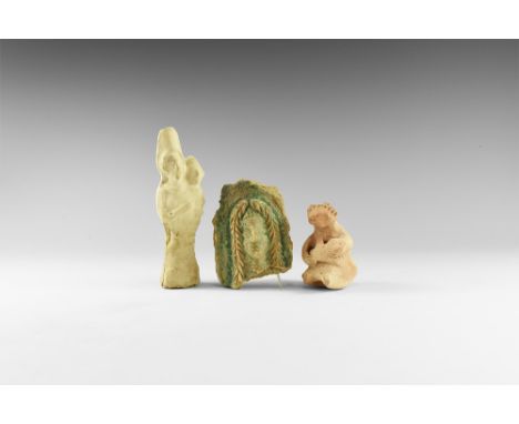 3rd millennium BC and later. A mixed ceramic group comprising: a hollow-moulded figurine of a mother and infant; a Neolithic 