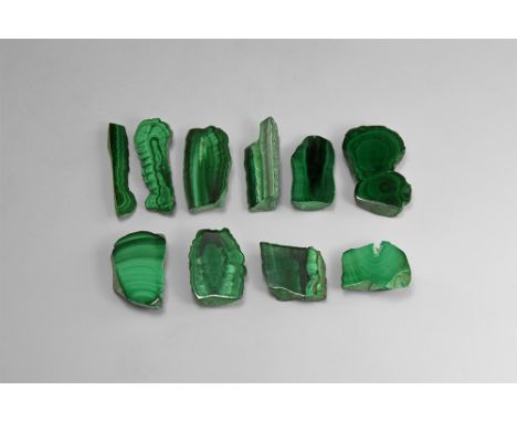 A group of ten one-off polished malachite mineral specimens of good quality malachite. See Bonewitz, Dr. Ronald Louis, Rocks 