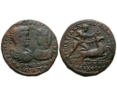 193-211 AD. Magistrate Klaudianos Terpandros. Obv: AYT K AIL CEP CEOYHROC PER IOY DOMNA CEBACTH legend with laureate and drap