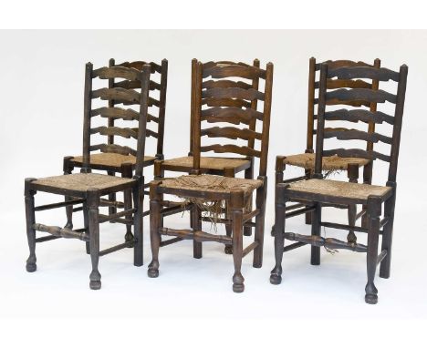 A Set of Eight 19th Century Style Rush Seated Lancashire Ladder Backed Dining Chairs, including two carvers (8)