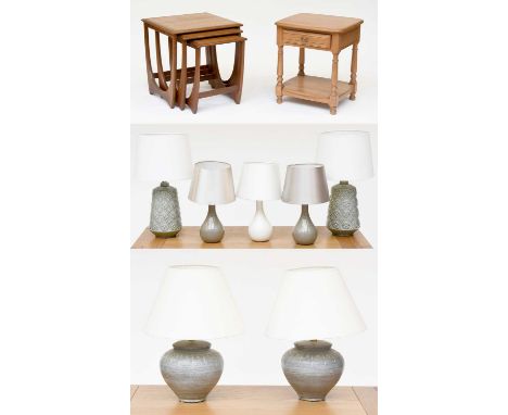 A Nest of G-Plan Teak Lamp Tables, 50cm by 50cm by 51cm, together with a small single drawer bedside/lamp table, three pairs 
