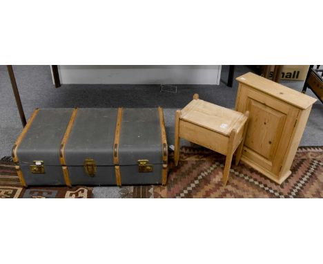 A Small Yew and Elm Windsor Chair, a pine hanging cupboard, trunk, pine box stool (4)