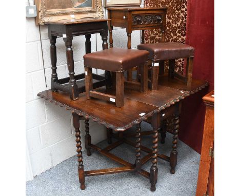 A 19th Century Oak Joint Stool, on turned and block supports (alterations), a 1920s oak dropleaf table, a pair of oak and lea