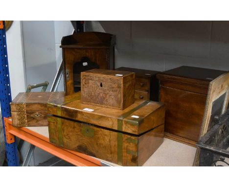 A 19th Century Brass Bound Walnut Writing Slope, a burr walnut tea caddy, a tunbridge inlaid box, a mahogany decanter box (la