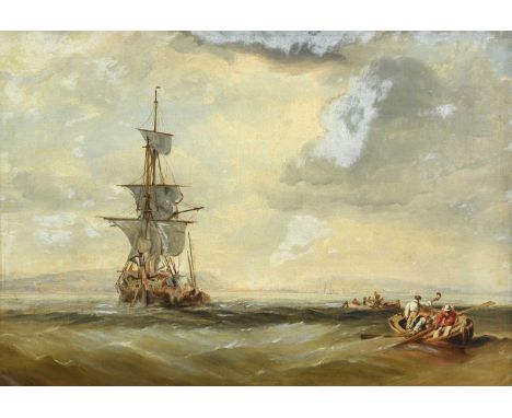 Attributed to George Chambers Jnr. (1803-1840)A sailing ship at anchor with longboats off the coastOil on canvas, 41cm by 58.