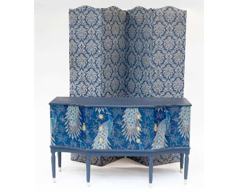 A Mid-20th Century Sideboard, later painted in blue and further decorated with Peacocks, 130cm by 46cm by 77cm, together with