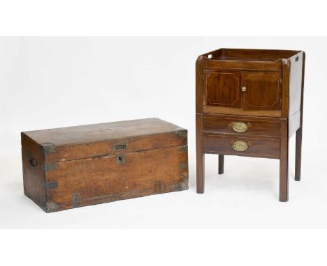 A George III Mahogany Commode, with tray top and a small brass bound oak box (2)